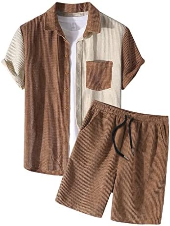 Мъжки Хавайски комплект в цвят блок, Риза с къс ръкав и Къси панталонки копчета, Ретро Свободен Летен Плажен Комплект, Ежедневни Облекла