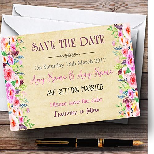 Реколта Розови Пролетни Цветя Акварел Персонализирани Сватбени Картички С Датата На Запазване На