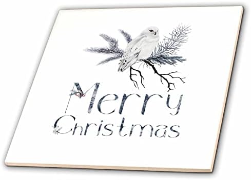 3 Растение сладък бялата сова на борови клон. Сребро текст весела Коледа - Плочки (ct_353762_1)