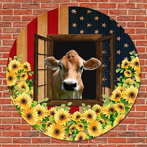 Кръгла Метална Плоча с Выветрившимся Флага на САЩ, Забавна селското стопанство Крава на Прозорците, Слънчогледи, Выветрившаяся Стенни