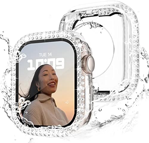 [2 1] Водоустойчив калъф Bling, който е съвместим за Apple Watch 41 мм серия 8/7 с предпазно фолио от закалено стъкло, женски, 2 Броя,