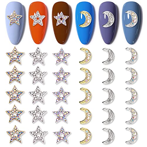 WOKOTO 30 бр. Златни Окачени Звезди за дизайн на ноктите, 3D Звезди, Скъпоценни Камъни, Пентаграм, Кристали за нокти, Висулки за