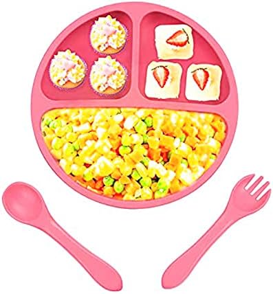 Нещастници Wee me за бебета и малки деца, Силиконови Разделени Детски чинии с лъжица-с вилица, за да остават на мястото си благодарение на 4 присоскам, не съдържат BPA, бе