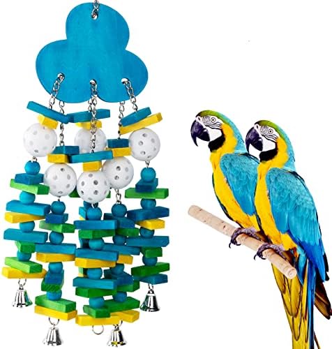 Играчка за Папагали-Големите Птици, Дъвчене играчка за Папагали от Цветни дървени кубчета и Звънци за африканските Сиви и на амазонската папагали Ара (в стила на Бо