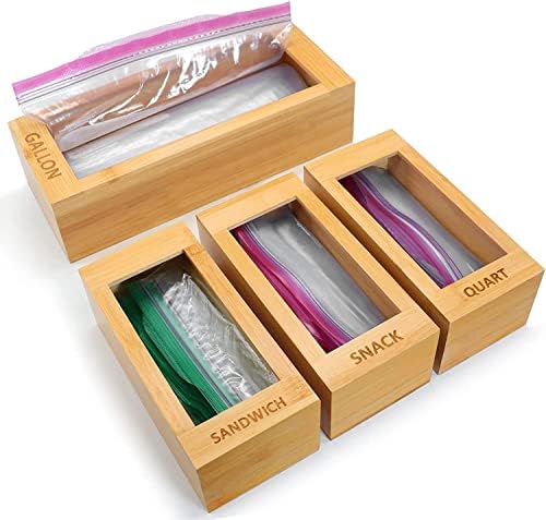 Органайзер за чанти за съхранение на CHICHI BAZAAR, органайзер за кухненски кутии от естествен бамбук, държач за чанти за съхранение