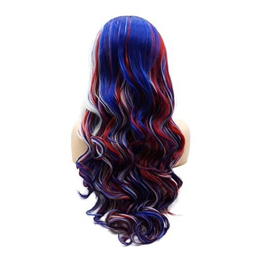 Потънала в перука, изработени от синтетична коса за дантели, вълнообразни, дълъг, 24 инча, трицветна, смесени, синьо, бяло, червено, с висока плътност, огнеупорни, реал