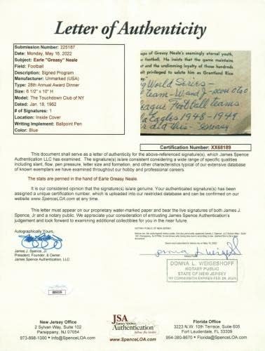 Смели Нийл Подписа Клубна програма Тъчдаун с Цялата Си статистика, Изпълнен с Писмо JSA - Списания MLB с автограф
