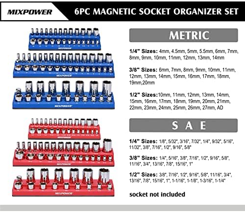 MIXPOWER 6 Броя Магнитни организаторите за контакти SAE и Metric, Общо 143 слота, който има 1/4 , 3/8 и 1/2, комплект магнитни държатели за контакти - Червен / Син