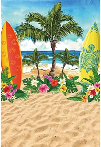 Летен Плаж на Фона на Тропически Бряг на Морето, Пясъчен Плаж с Кокосови Палми Дъска За сърф Фон С Цветен Модел Синьо Небе, Бели Облаци