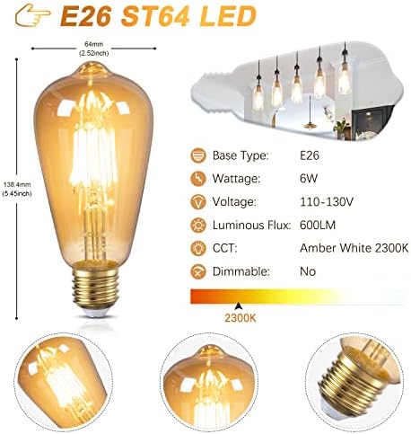 Led лампа DiCUNO ST64 Edison 60 W, 6 W, Реколта крушки E26, Кехлибар и бял 2300 До 600лм, Led лампи с нажежаема жичка със средна