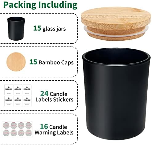 SUPMIND 15 Опаковки Стъклени буркани за свещи - 7 унции Матово-черни, Празни Кутии за свещи с бамбукови капаци и подут етикети, Обемни Кутии за свещи, Контейнери за произв