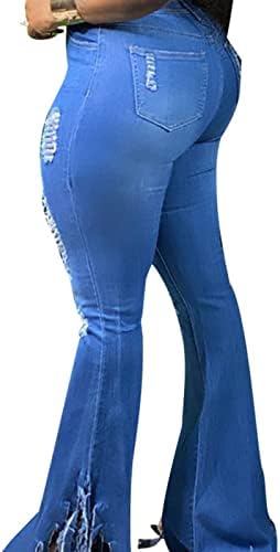 Стегнати скъсани разкроена дънки за жени, класически дънки-клеш с висока талия, оръфан дънкови панталони с непреработени подолом