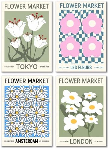 Плакати HOSUM ART Flower Market Matisse Art за интериор, Спални, Естетически, Плакати, Декорация на стените в датската пастели - Комплект от 4 8x10 инча (БЕЗ РАМКА)