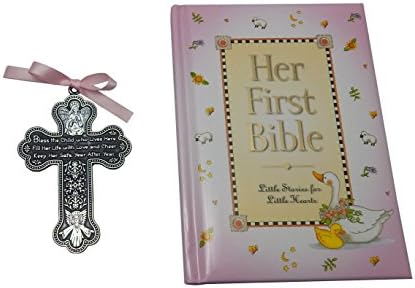 Първата Библия за момиченце и 4-Инчов Пютър Кръст За Кръщението Ангел-Пазител в Яслите