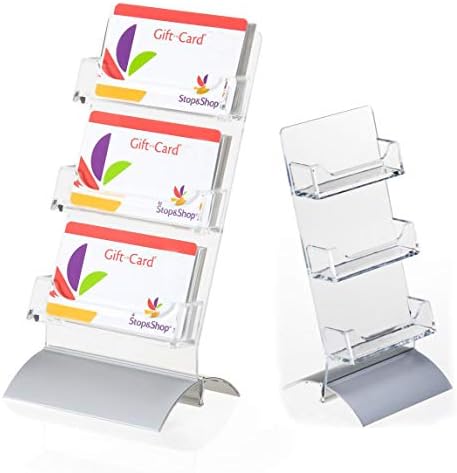 Дисплей-държач за визитки премиум-клас или подарък карти на масата с 3 джобове, Наклонена задница – Сребърен