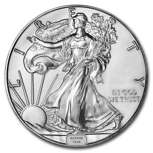 1986-2021 (Случаен година) Лот от (10) монети американски сребърен орел с тегло 1 унция, Блестящи, без да се прибягва (тип 1), със сертификати за автентичност, БУ