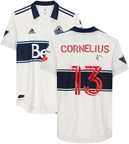 Дерек Корнелиус в мача на Ванкувър Уайткэпс с автограф - Използвал бялата фланелка №13 сезона MLS 2020 г. - Футболни фланелки с автографи