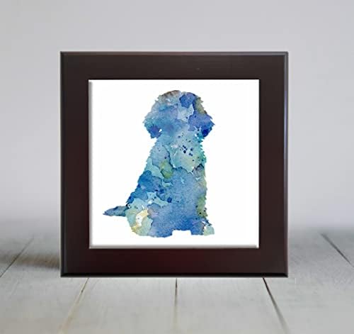 Синя Абстрактна Декоративна плочка с изображение на Куче Cockapoo, Седнала Акварел (6 X 6 в рамка)