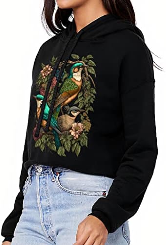 Дамски Укороченная hoody с качулка Colorful Birds - Илюстрация на кратък път блузи с качулка - Hoody с качулка с флорални принтом