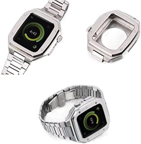 Метална каишка MAALYA + калъф за Apple Watch band 8 7 45 мм, изменено едно парче каишка от неръждаема стомана За iWatch 6 5 4 SE 44 мм, защитен калъф