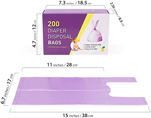 Бебешки Еднократни торбички за памперси, 200 опаковки с аромат на лимон - Биоразградими Найлонови Торбички за памперси за отпадъци,