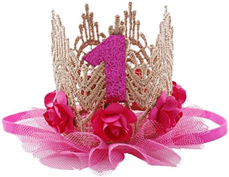 Юни цъфтят детска корона от златни дантелен рози, превръзка на главата за 1-ви рожден ден, диадема принцеса