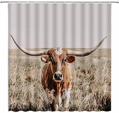 Завеса за Душ Longhorns Cow Texas Steer Western Longhorn Селскостопанско Животно Сладък Бик Пасища, Селска Фермерска Къща
