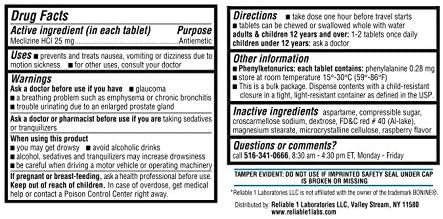 RELIABLE 1 LABORATORIES Меклизин 25 мг на Генерични Bonine от морска болест (100 дъвчащи таблетки, 1 флакон) - Предотвратява