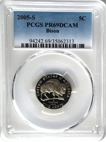 Пятицентовые монети Джеферсън 2005 година на издаване - Комплект от 2 монети - Buffalo/ Bison и Westward Waters - Професионална оценка - PCGS PR69 DCAM - Дълбока камея -