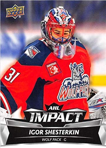 2019-20 Горна палуба AHL Impact I-6 Игор Шестеркин Хокей коз начинаещ Хартфордской Волчьей на опаковката