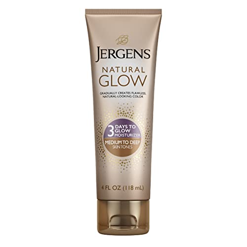 3-дневен лосион за самостоятелно слънчеви бани Jergens Natural Glow, Слънцезащитен крем за тен от средно до дълбоко цвят на кожата, дневен хидратиращ крем за тен без разводи,
