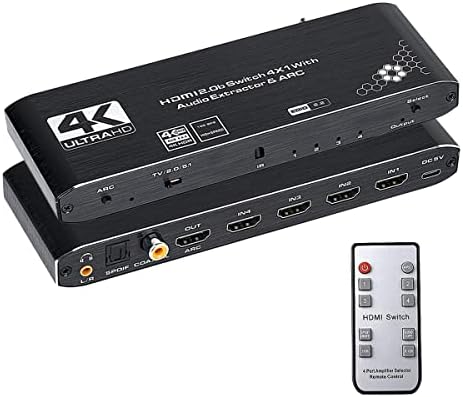 HDMI комутатор 4x1 с оптичен SPDIF/коаксиальным /3.5 мм L / R аудиовыделителем, 4 в 1 От 4K @ 60Hz HDMI комутатор, Поддръжка на HDMI 2.0 b