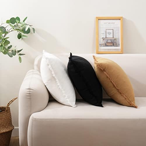 Бельо Калъфка с Ресни - Меки и Уютни Калъфки за възглавници в стил бохо с пискюли за дивана, калъфка от зебло с естествен интериор, черен 18x18 инча