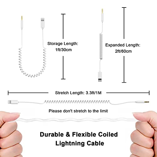 Навити Aux Кабел за iPhone, [Сертифициран от Apple Пфи] 3,3-крак Спирален кабел-адаптер Lightning-3.5mm Aux Audio, Съвместим