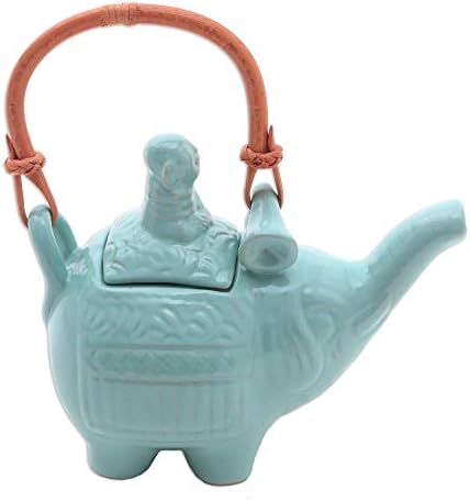 Светло Синьо Керамичен чайник NOVICA с дръжка от ратан, 27 грама, Буда и Тюркоаз Слон'