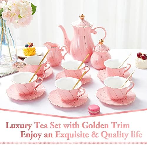 Порцелан Чай DUJUST 22 бр. за 6 човека, Луксозен Комплект Чаши за кафе и чай в британския стил с злато покритие, Красив Чай