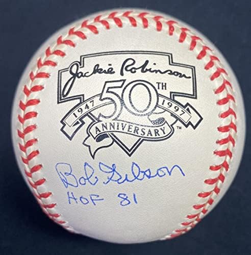 Боб Гибсън КОПИТО 81 Подписа Бейзболен логото на Джаки Робинсън JSA - Бейзболни топки с Автографи