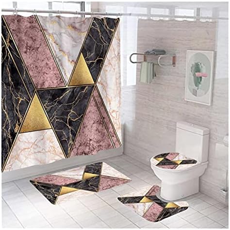 N/A Завеса за душ с геометричен мрамор принтом, комплект постелки за Баня, Мек килим, Противоскользящий подложка, капак за