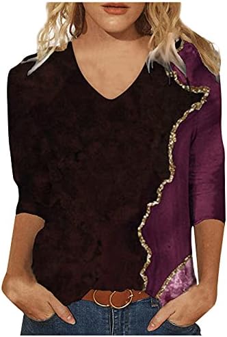 Дамски Есенни Блузи с принтом, 3/4 Ръкав, V-образно деколте, Ежедневни цвят тениска Омбре, Пуловер с принтом Цветен блок, Блуза,