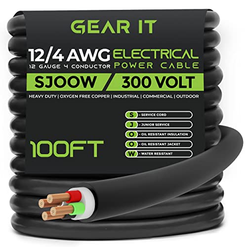 Преносим захранващ кабел GearIT 12/4 12 AWG (100 фута - 4 диригент) Електрически проводник SJOOW 300V 12 Калибър за тел на двигателя,