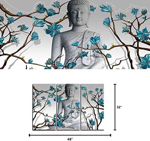 Визуален Художествен Декор, Комплект от 3 теми, Стенно Изкуство, Буда Статуя на Буда с Абстрактно Сини Цветя, Картини, Щампи върху