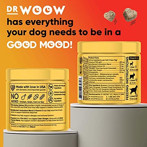 Набор от меки дъвчащи добавки Dr Woow Probiotics for Dogs + Allergy Support - Пребиотици, Храносмилателни ензими, Лососевый мазнини и рибено масло Омега-3, Облекчаване на сърбеж за куче?