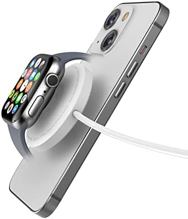 Безжична магнитно зарядно устройство Galvanox Watch + за iPhone (съвместим с MagSafe) Събира Apple Watch серия 4/5/6/7/8 и iPhone 14/14 Pro Max, 13/13 Pro 12/12 Pro Max (бял)