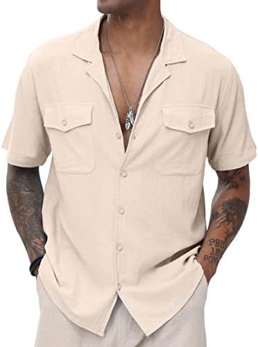 Мъжки Ленени Ризи Cuban Guayabera, Ежедневни Ризи с Копчета и Къс ръкав, Летни Плажни Топ с джоб