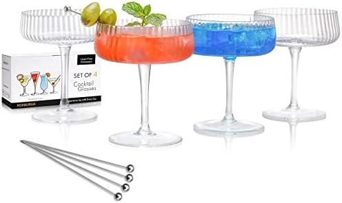 Чаши за мартини ROXBURGH | Реколта Кристални чаши за шампанско в стил арт-Деко, Комплект от 4 чаши за вино с 4 възможности за коктейли | Оребрена Класическа меню с коктейл?