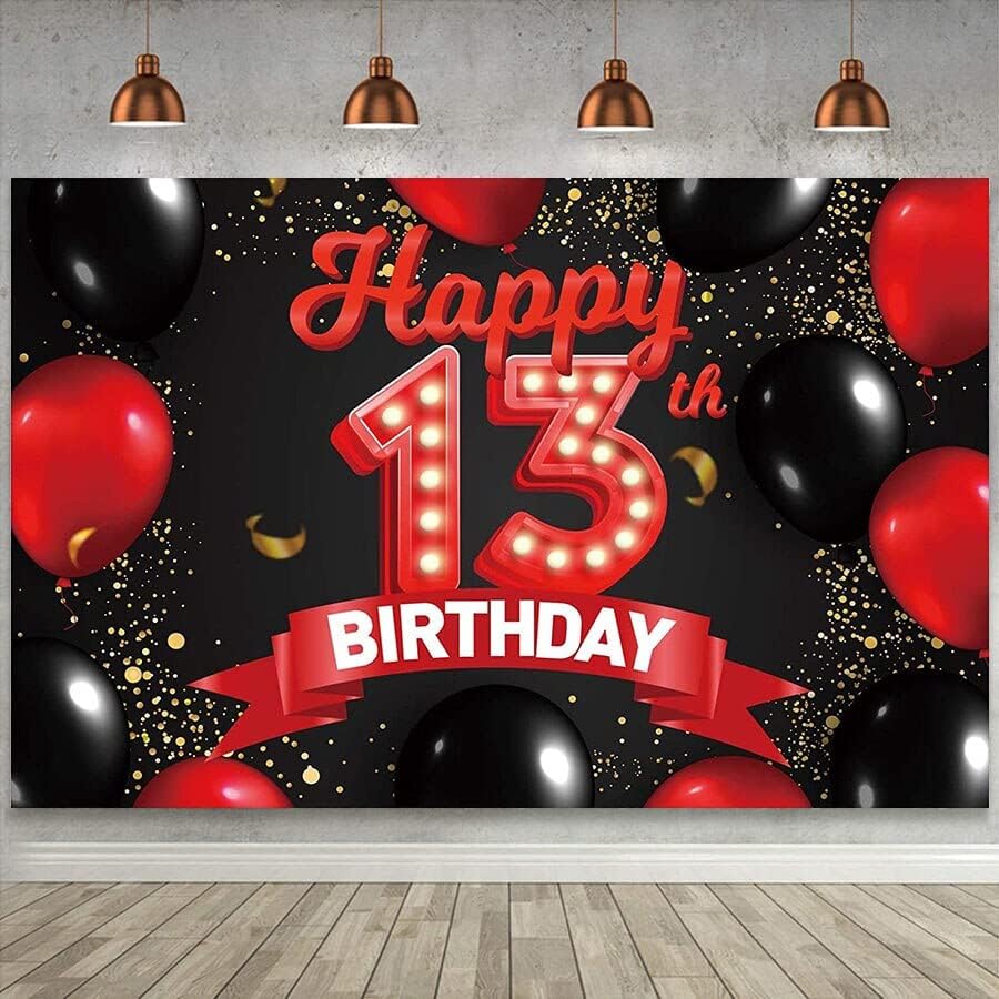 Честит 13-ти Рожден Ден Фон За Парти Торта Маса Банер Плакат Декор Тринадесет 13 Години, за Момичета, Момчета, Червен и Черен Фон