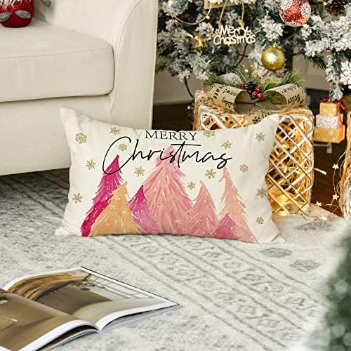 AVOIN colorlife Розова Коледно Дърво, Калъфка весела Коледа, 12x20 Инча, Розово Коледна Калъфка за възглавница, Украса за мека мебел-Дивани