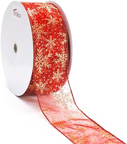 Метална лента от червена органза Traico със златни блестящи снежинками - 2,5 Инча x 50 ярда (150 метра) x 1 Ролка за Коледните аксесоари за Дома, подарък опаковки, производств