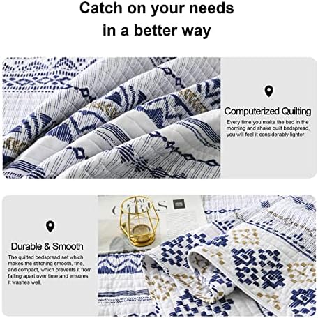 Комплект стеганого одеяла PANGUSHAN King Size, Одеало от памук, Комплект спално бельо в стил Бохо King Quilt, Покривки в бяло/тъмно-синята ивица на с геометричен модел за двойно л
