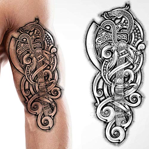 Tatodays 2x Временна татуировка брадва викинга дракон скандинавски черна пръчка tribal варварин келтски воин на стикер за боди-арт за прехвърляне на оръжие в рамото и гърб